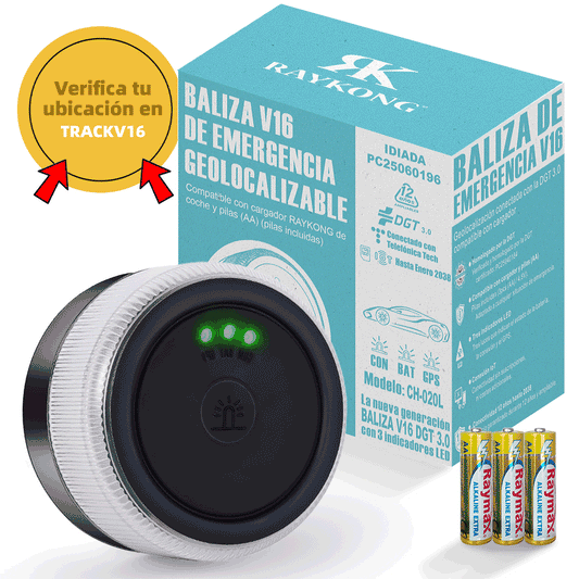 Baliza V16 Geolocalización DGT 3.0 [RAYKONG][CH-020L]| con 3 Indicadores Led Conexión|Bateria|GPS Homologada por DGT [SIM y Datos Pagados hasta 2038]