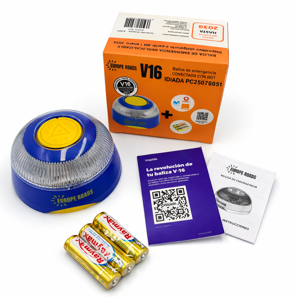 Baliza V16 EUROPE ROADS Certificada DGT con Geolocalización - IDIADA PC25070051 - ROAMING EUROPEO - Datos hasta 2038 incluidos