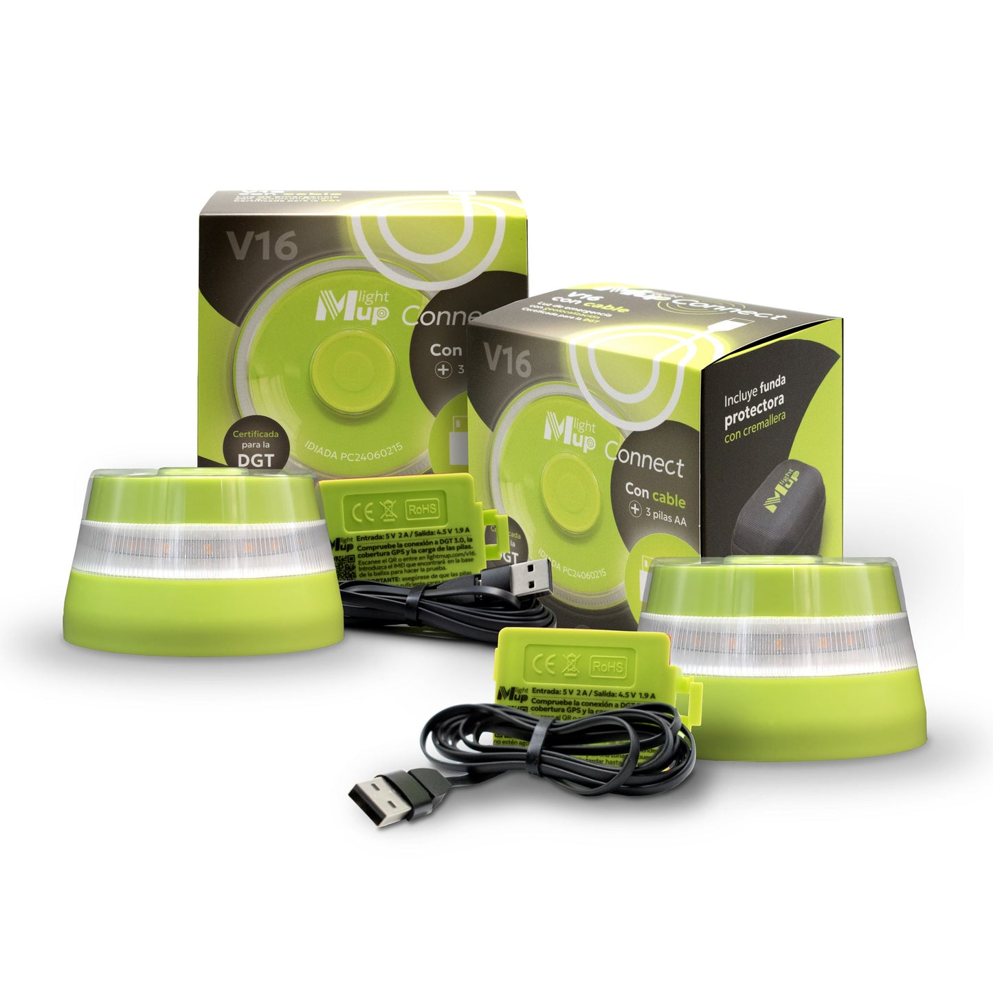 Baliza V16 LIGHTMUP CONNECT x2 homologada DGT 3.0 con cable y pilas. Geolocalización IoT. Señal obligatoria en 2026. Datos con Telefónica Tech