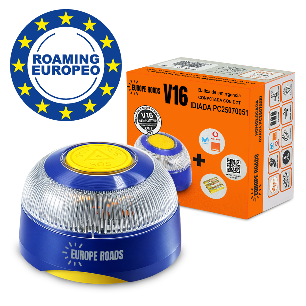 Baliza V16 EUROPE ROADS Certificada DGT con Geolocalización - IDIADA PC25070051 - ROAMING EUROPEO - Datos hasta 2038 incluidos