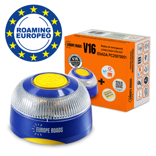 Baliza V16 EUROPE ROADS Certificada DGT con Geolocalización - IDIADA PC25070051 - ROAMING EUROPEO - Datos hasta 2038 incluidos