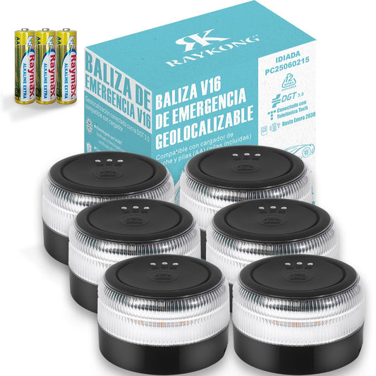 Baliza V16 Geolocalización DGT 3.0 mas Avanzada | con 3 Indicadores Led Conexión|Bateria|GPS Homologada por DGT [SIM y Datos Pagados hasta 2038] x6