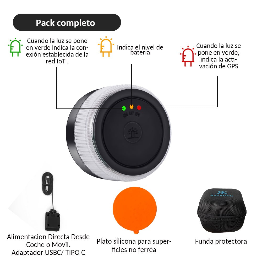 Baliza V16 Geolocalización Pack Completo | DGT 3.0 | con 3 Indicadores Led Conexión|Bateria|GPS Homologada por DGT [SIM y Datos Pagados hasta 2038]
