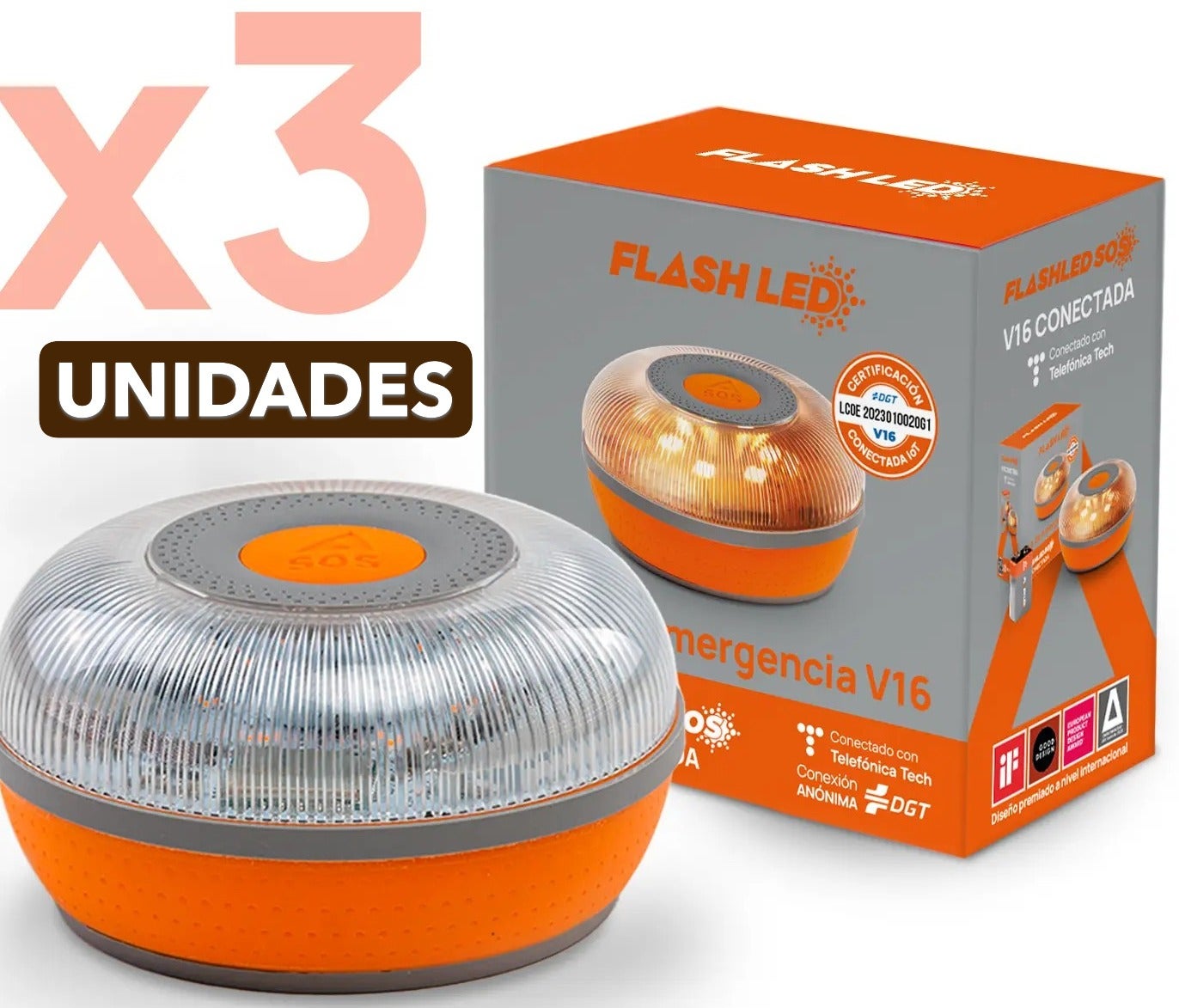 Luz de Emergencia V-16 Conectada DGT 3.0 FLASH LED (PACK 3 UNIDADES) Geolocalización incluida