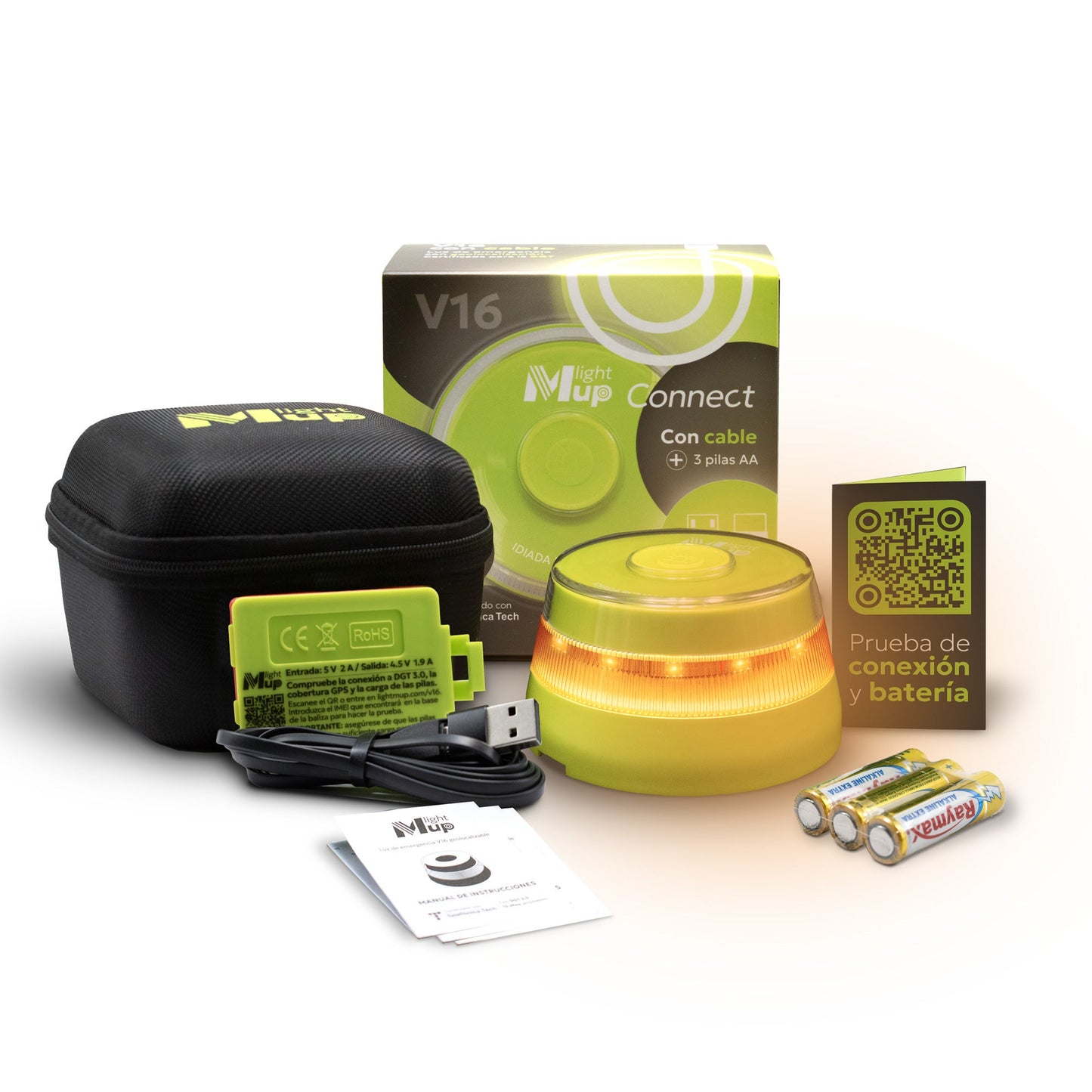 Baliza V16 LIGHTMUP CONNECT x2 homologada DGT 3.0 con cable y pilas. Geolocalización IoT. Señal obligatoria en 2026. Datos con Telefónica Tech