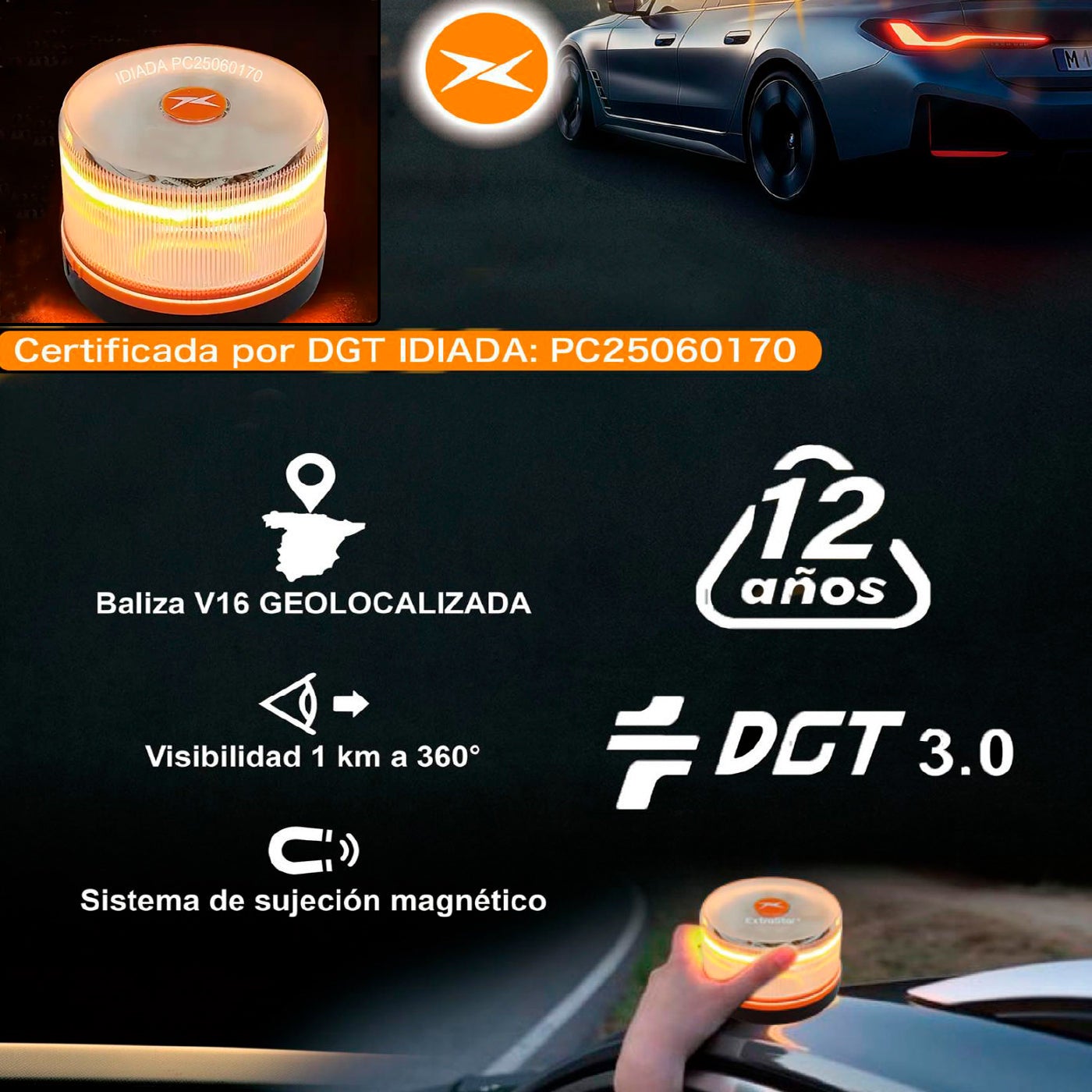 AITSSE- Baliza V16 Homologada DGT IDIADA PC25060170 con Geolocalización Cumple Normativa 2026, SIM y Datos Pagados Hasta 2038- 4 unidades