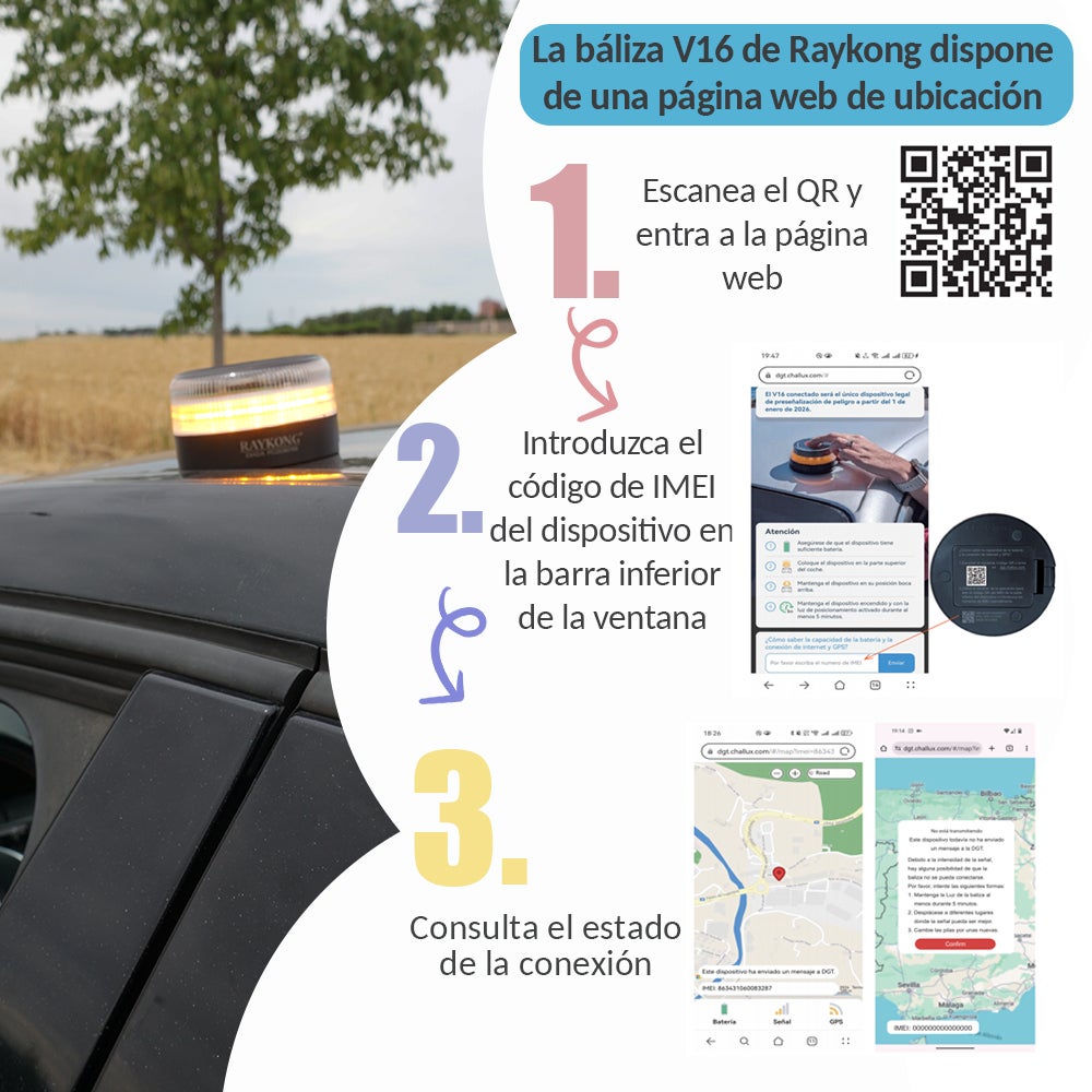 Baliza V16 Geolocalización Pack Completo | DGT 3.0 | con 3 Indicadores Led Conexión|Bateria|GPS Homologada por DGT [SIM y Datos Pagados hasta 2038]