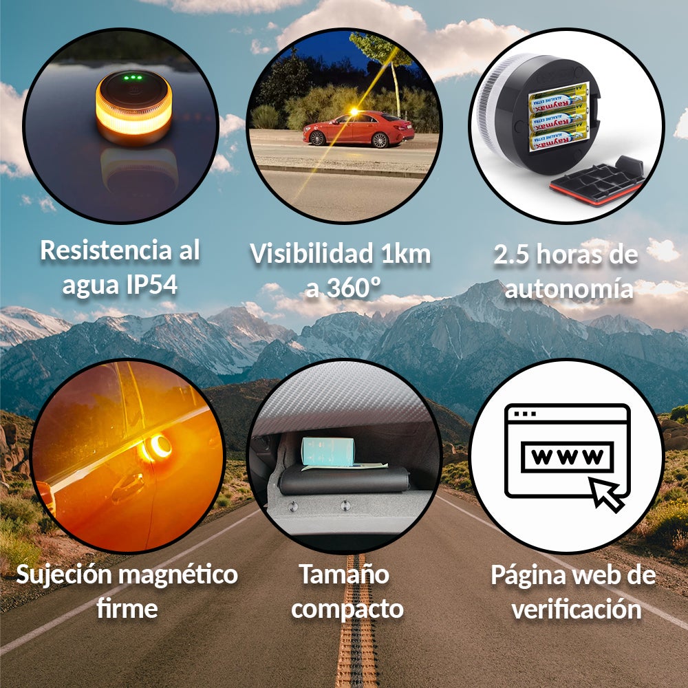 Baliza V16 Geolocalización Pack Completo | DGT 3.0 | con 3 Indicadores Led Conexión|Bateria|GPS Homologada por DGT [SIM y Datos Pagados hasta 2038]