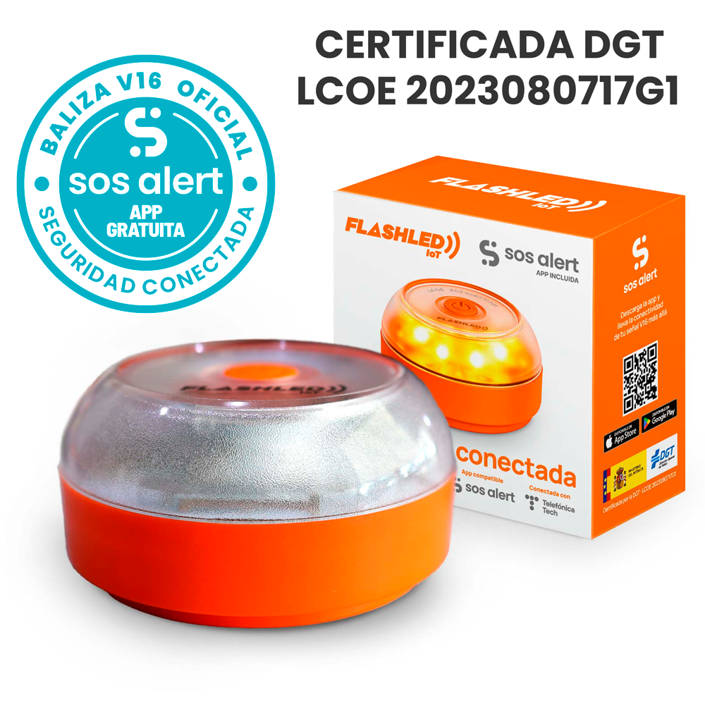 Baliza V16 FlashLED IoT Certificada DGT con Geolocalización - LCOE 2023080717G1 - App SOS Alert - Datos hasta 2038 incluidos